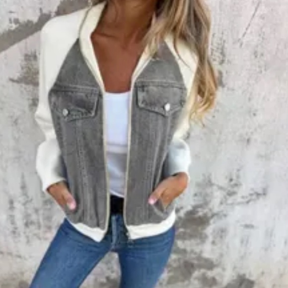 Grey Denim & White Fleece Zip Up Jacket - Picture 1 of 7